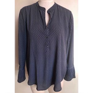 Ann Taylor • L • Long Sleeve Pleated Cuff Half Button Up Navy White Printed Top